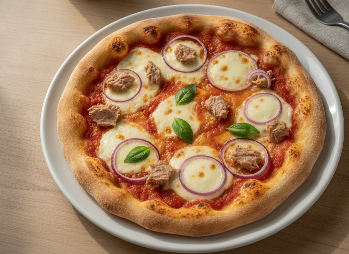 Halbe Pizza mit Thunfisch und Zwiebeln photo