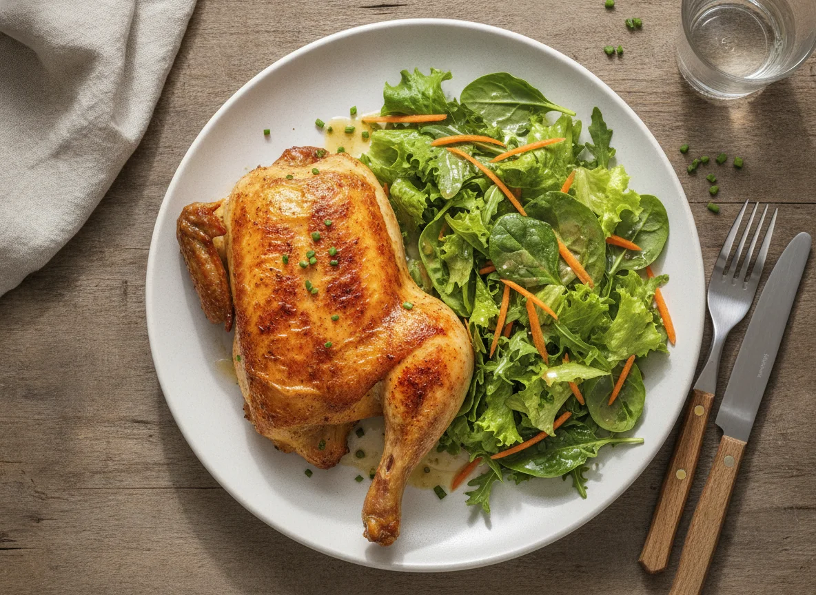 Halbes Brathähnchen mit gemischtem Salat photo