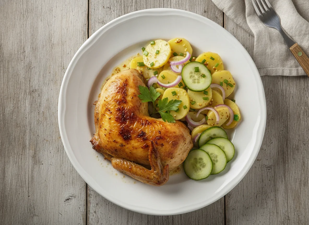 Halbes Brathähnchen mit Kartoffelsalat photo