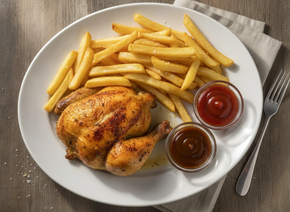 Halbes Brathähnchen mit Pommes und Ketchup photo