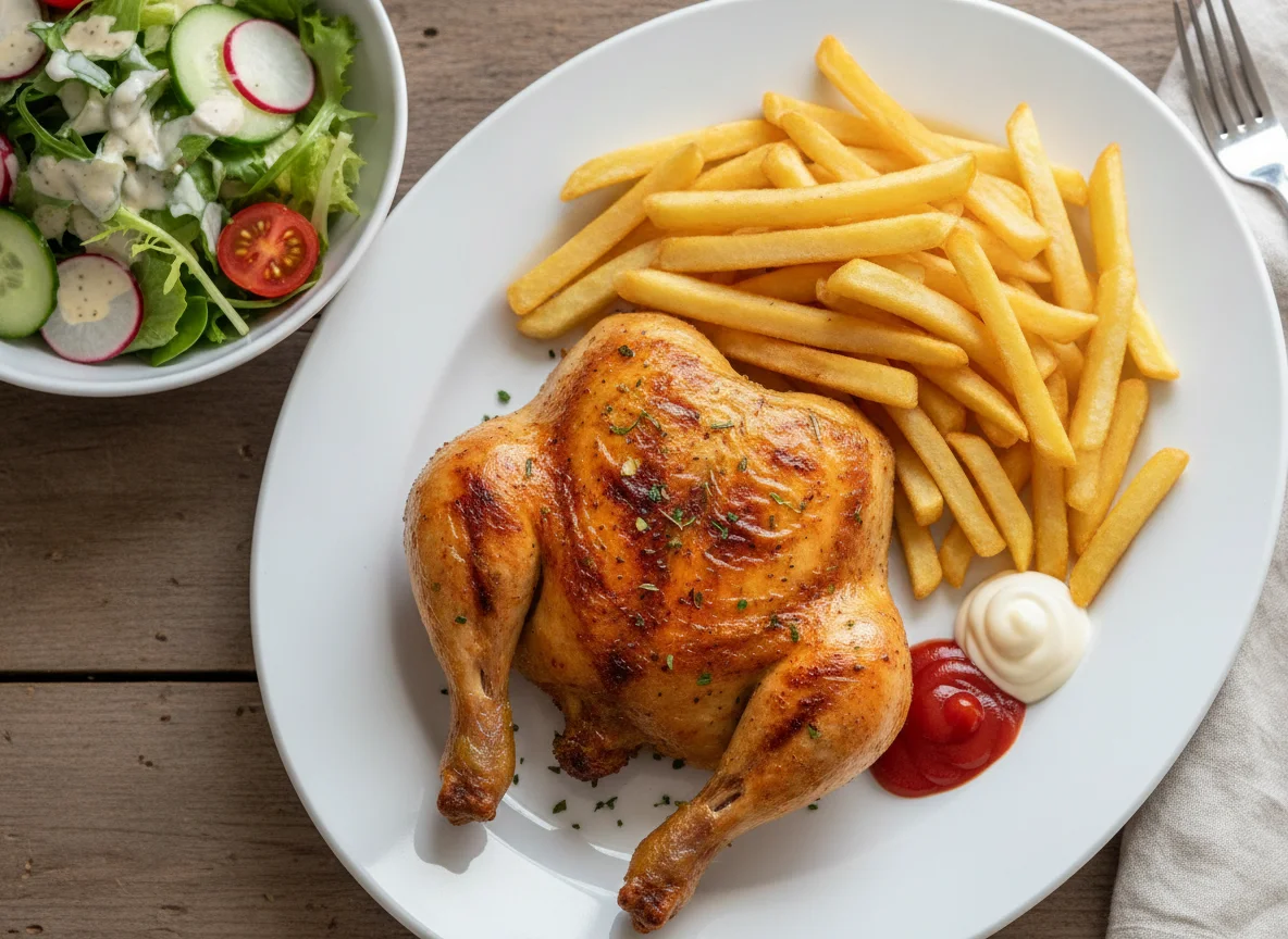 Halbes Hähnchen mit Pommes und Beilagensalat photo