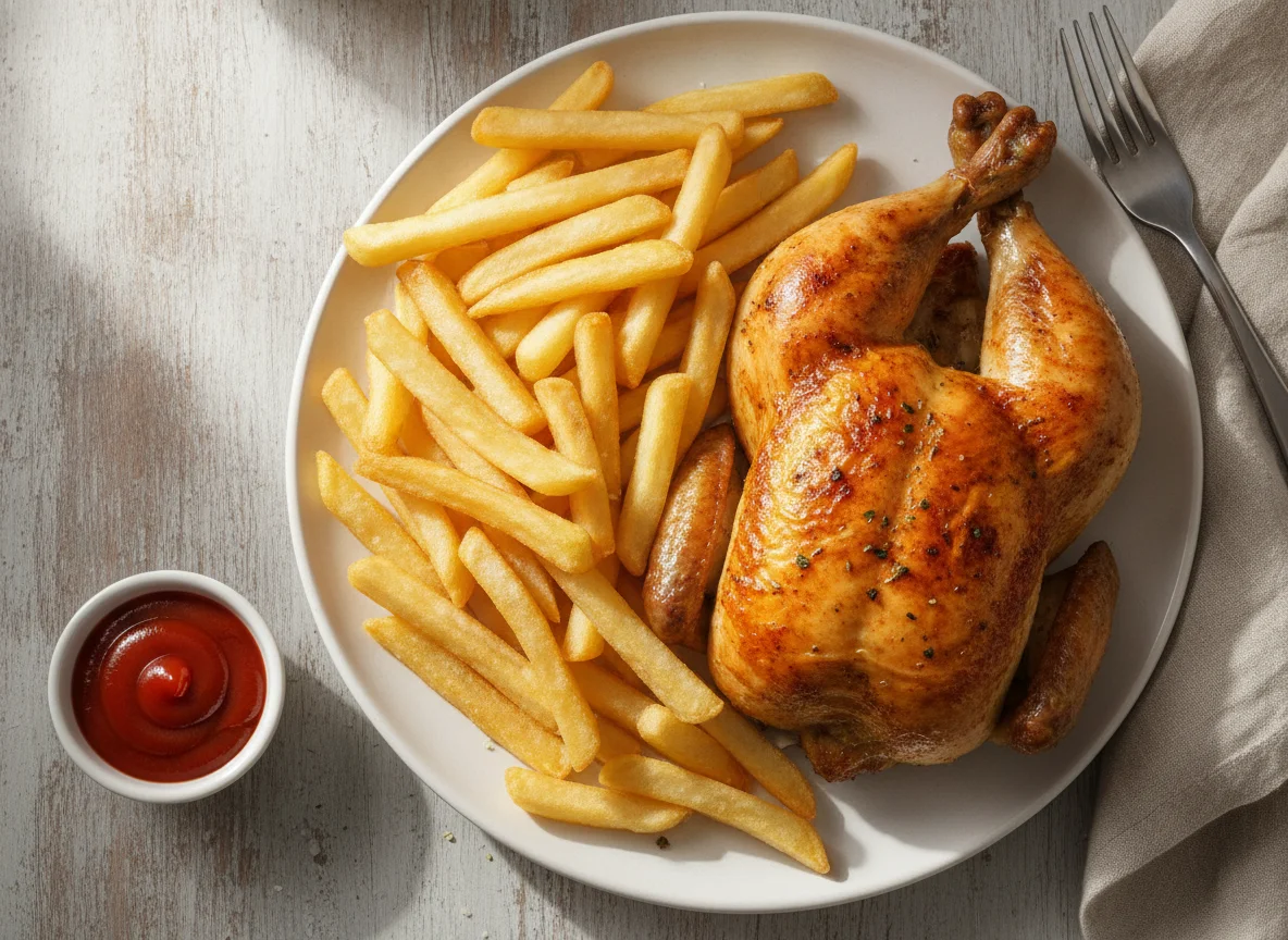 Halbes Hähnchen mit Pommes und Ketchup photo