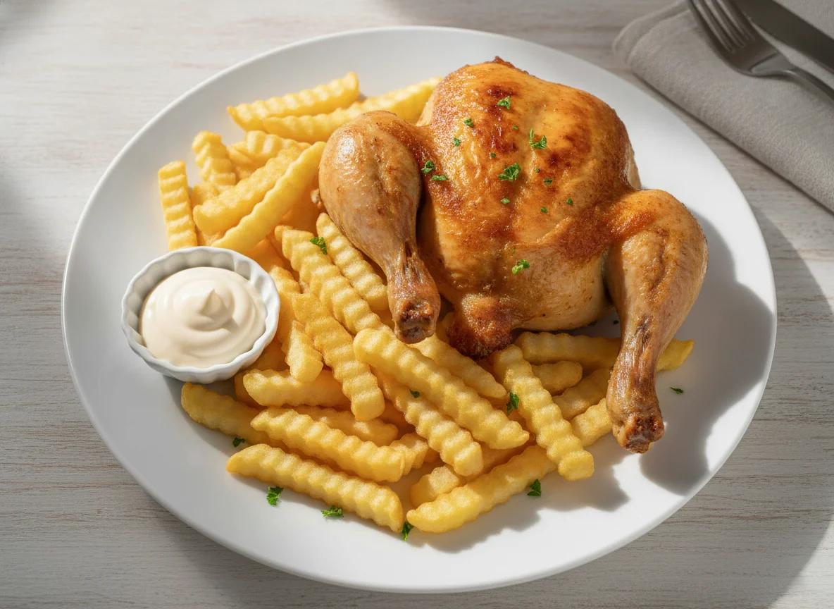 Halbes Hähnchen mit Pommes und Mayonnaise photo