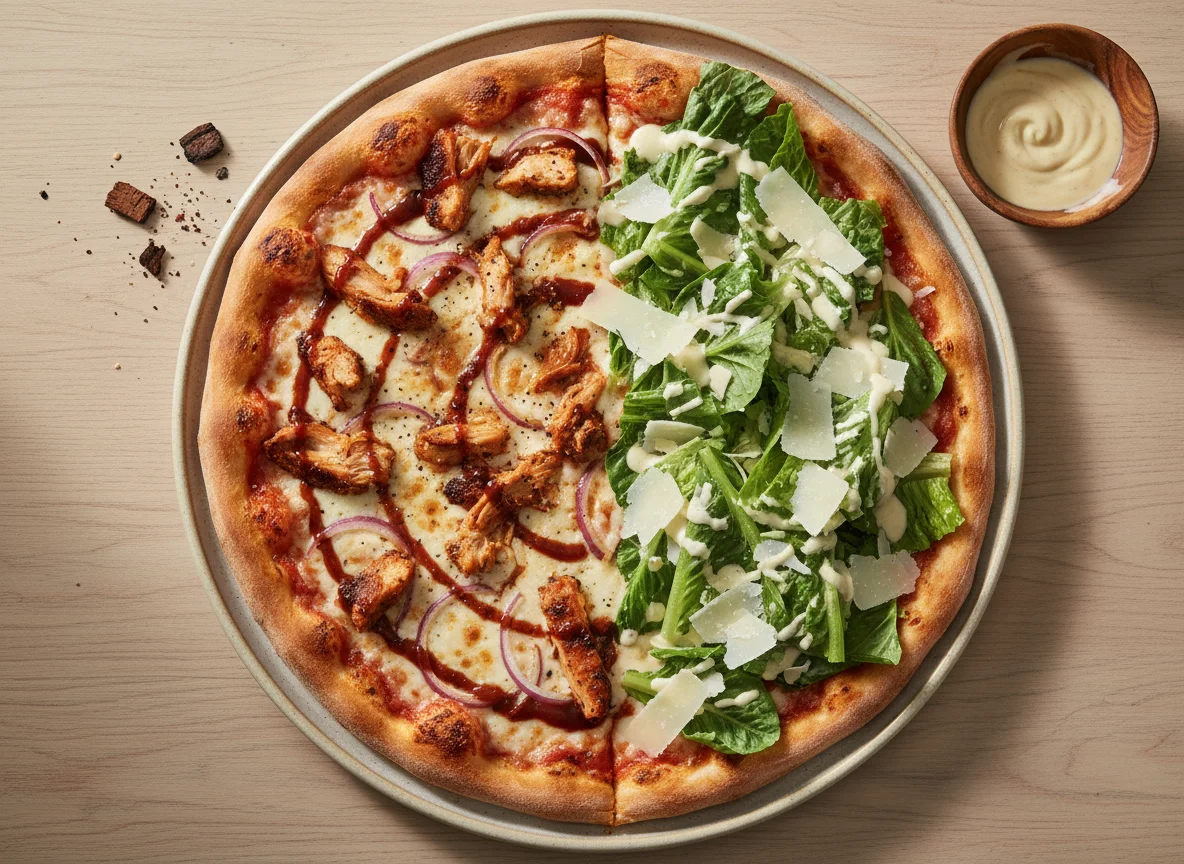 Halb-Halb Pizza mit BBQ-Hähnchen und Caesar Salat photo