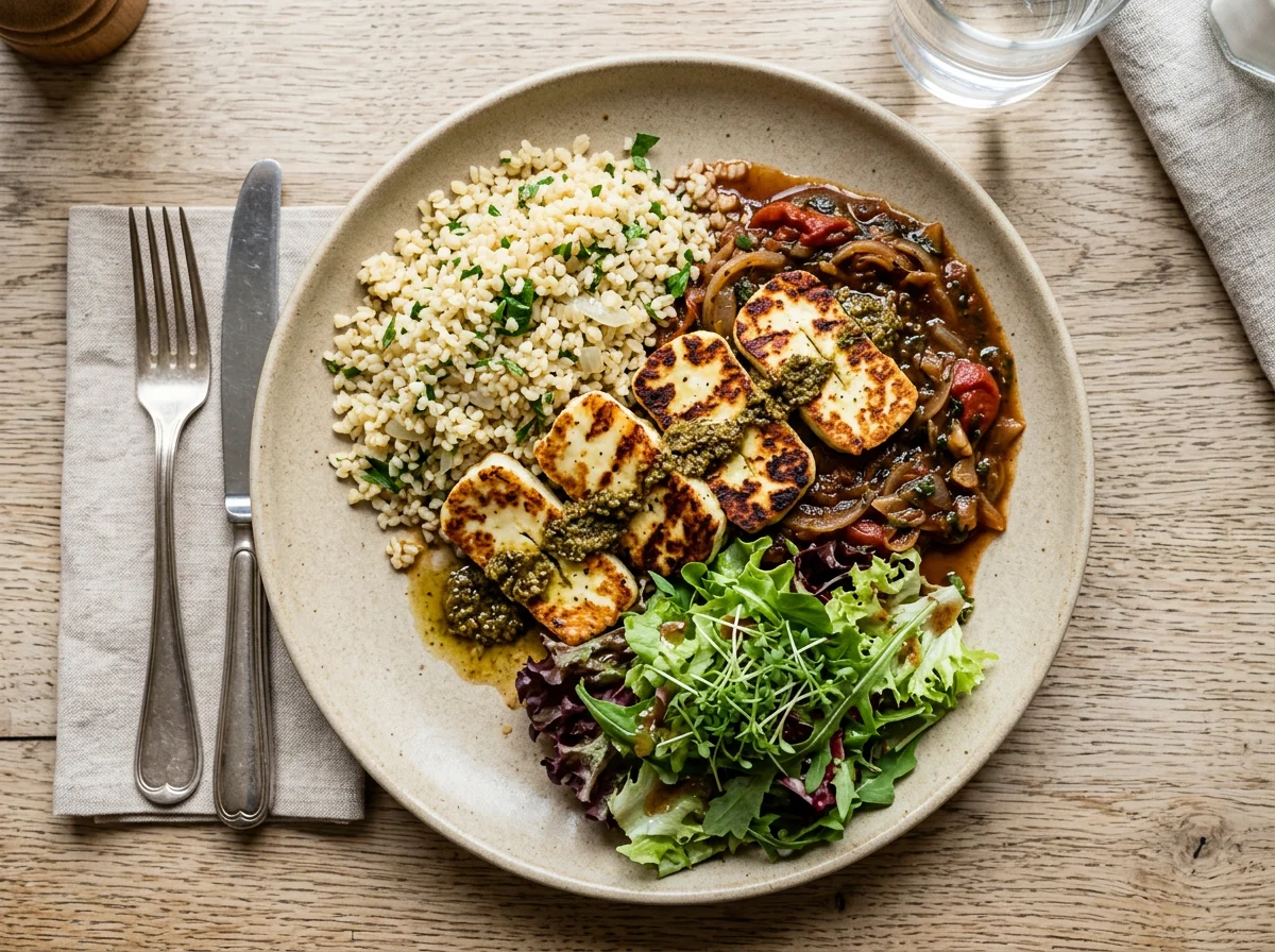 Halloumi mit Tomatensauce, Bulgur und Salat photo