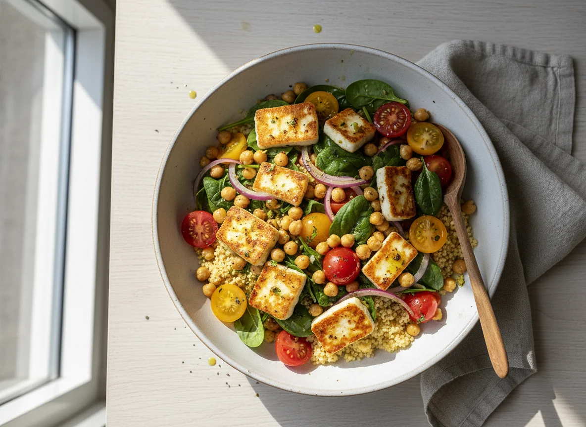 Halloumi-Kichererbsen-Bowl mit Couscous photo