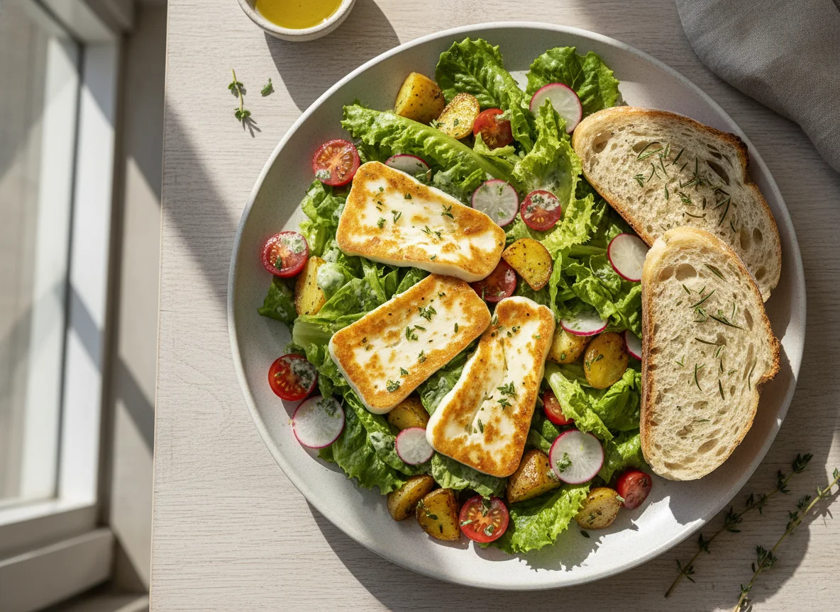 Halloumi-Salat mit Brot photo