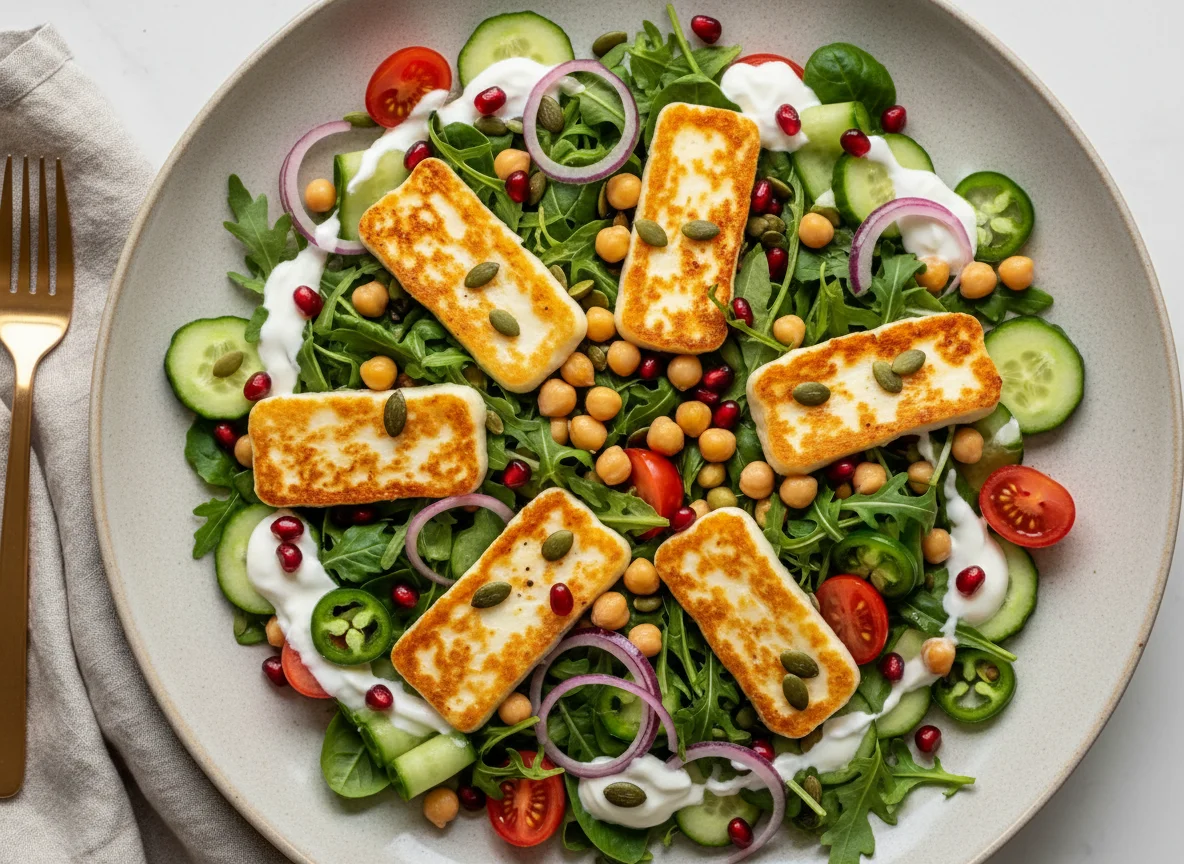Halloumi-Salat mit Kichererbsen und Granatapfel photo