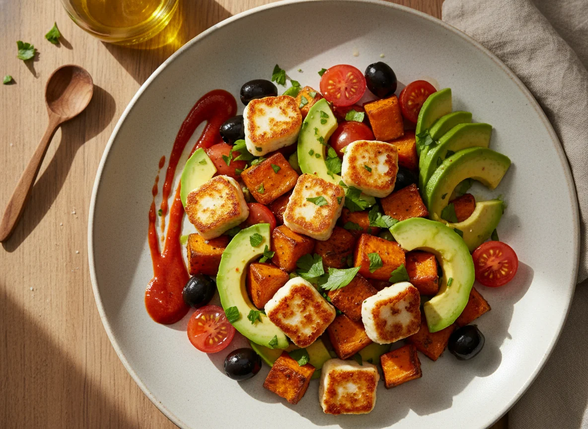 Halloumi-Salat mit Süßkartoffeln und Avocado photo