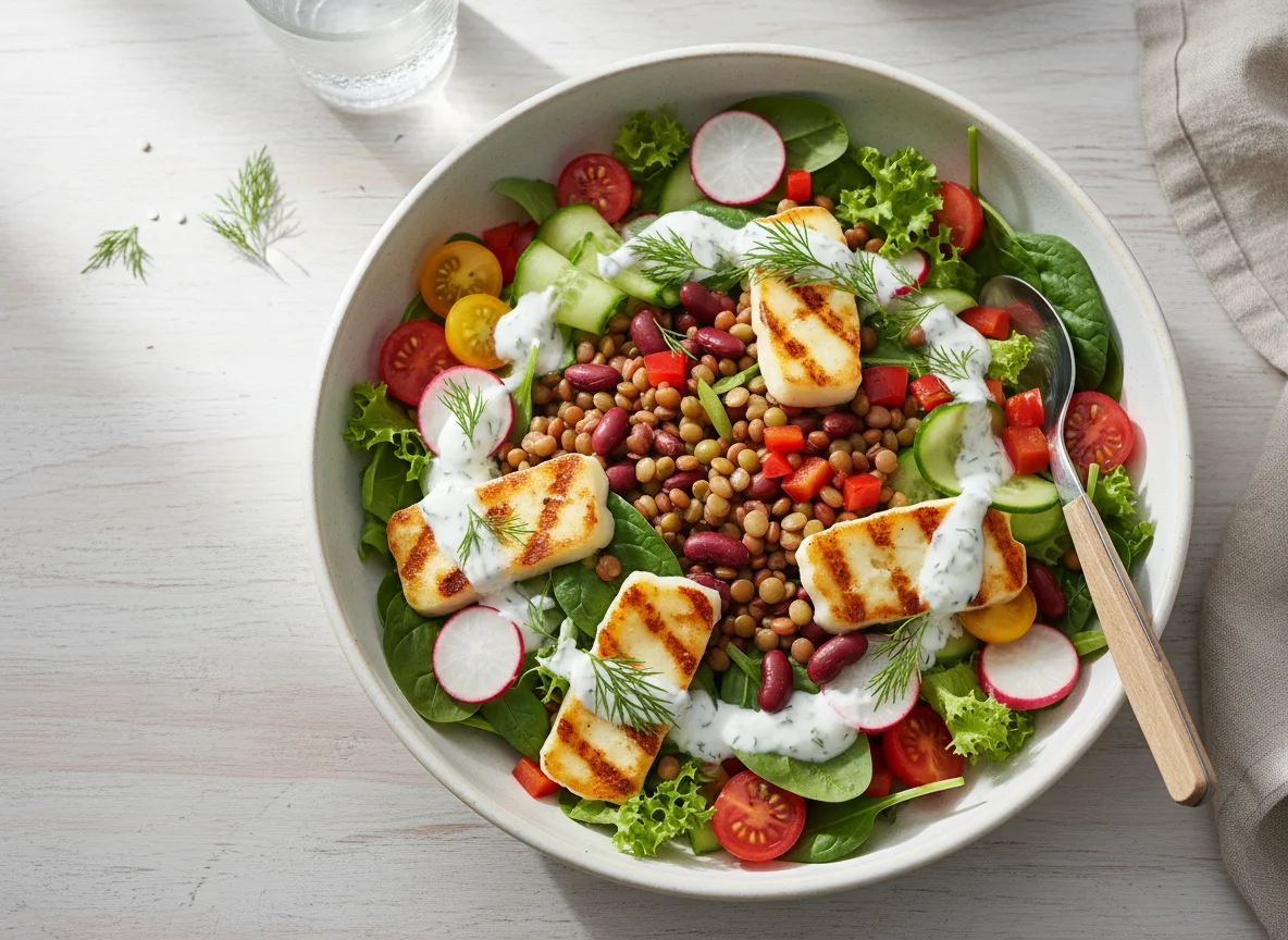 Halloumi-Salat-Bowl mit Dressing photo