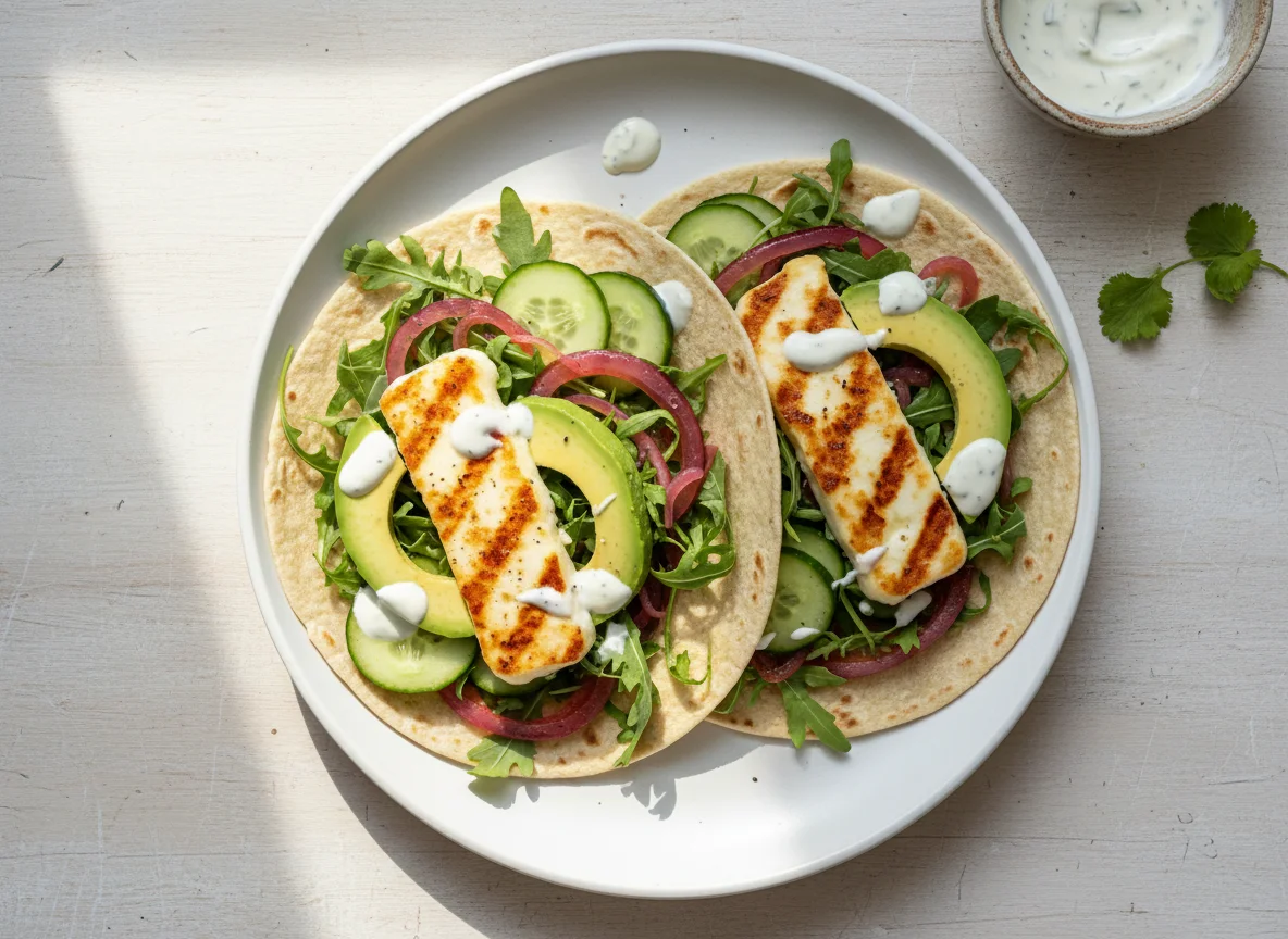 Halloumi-Tacos mit Rucola und karamellisierten Zwiebeln photo