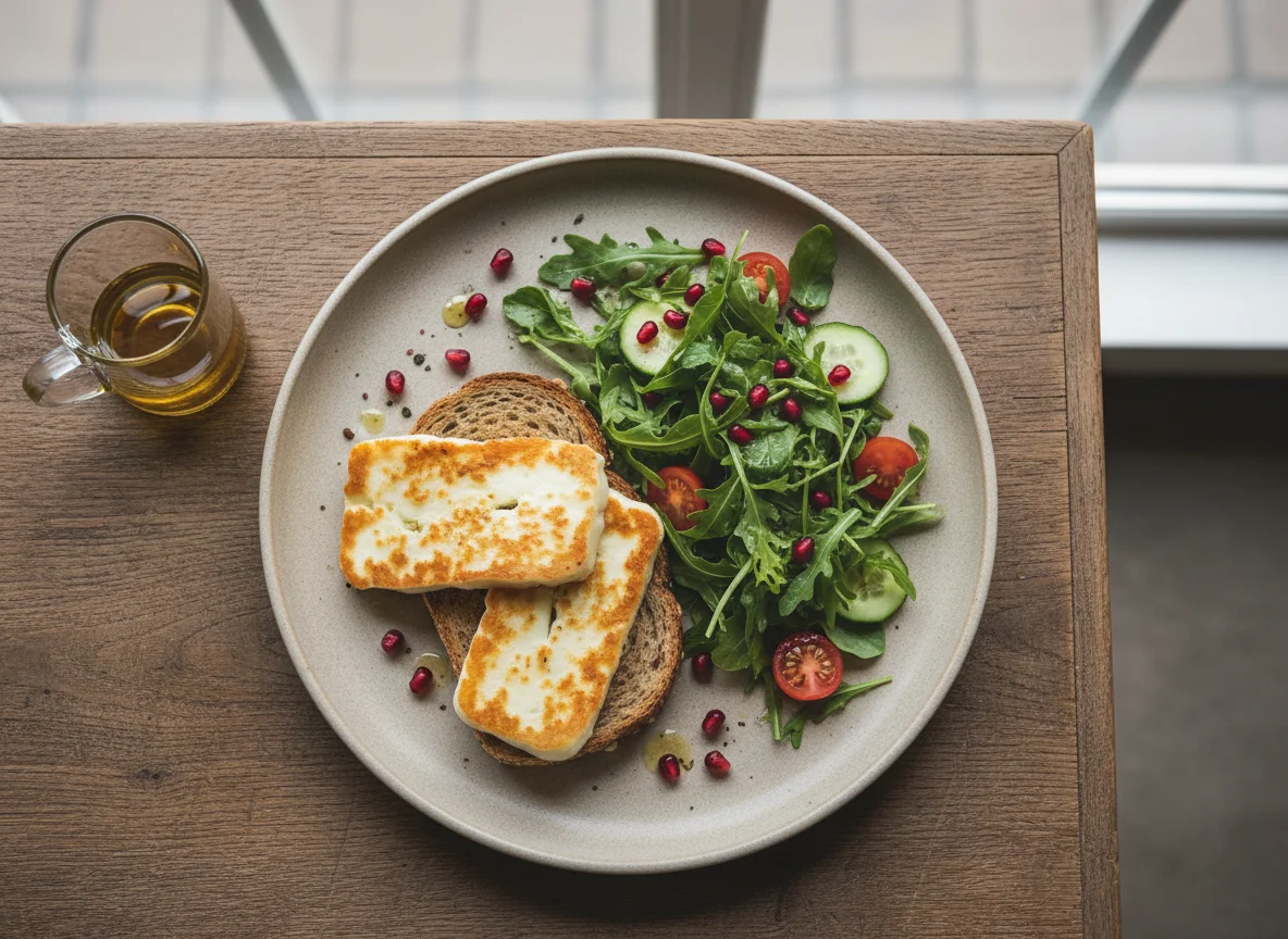 Halloumi-Toast mit Granatapfel und Salat photo
