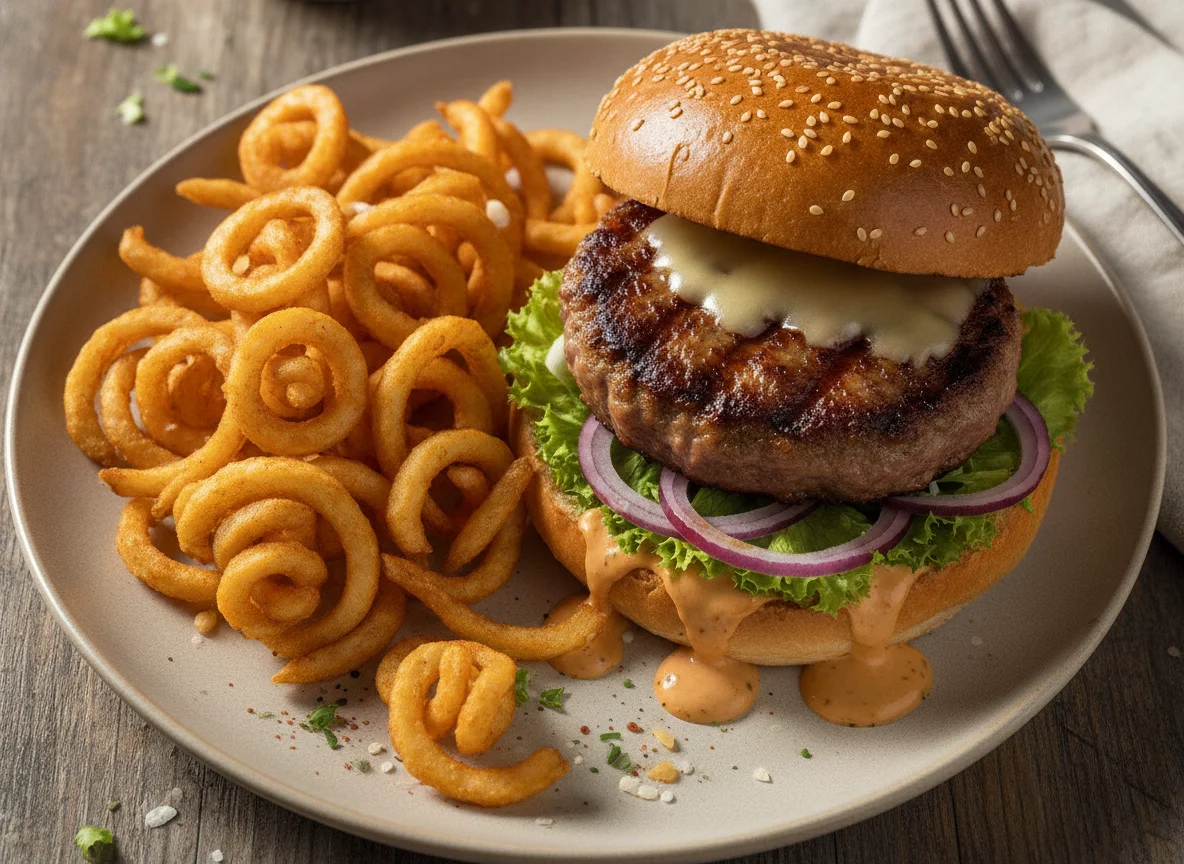 Hamburger mit Curly Fries photo