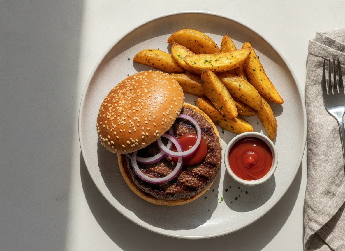 Hamburger mit Kartoffelspalten photo