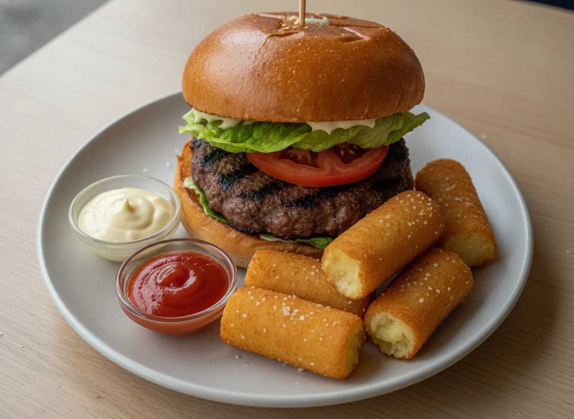Hamburger mit Kroketten und Saucen photo