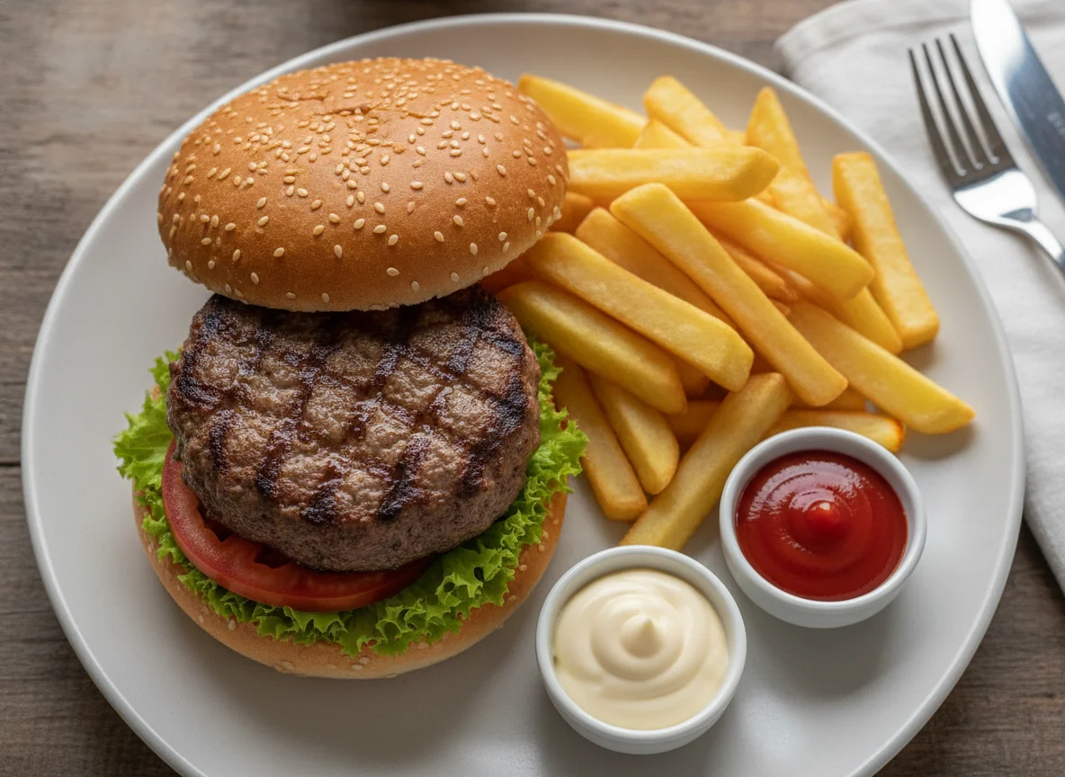 Hamburger mit Pommes frites, Mayonnaise und Ketchup photo
