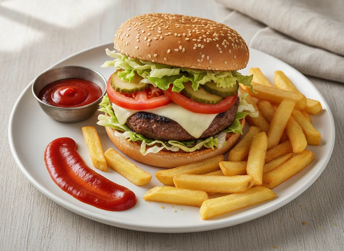 Hamburger mit Pommes Frites und Ketchup photo