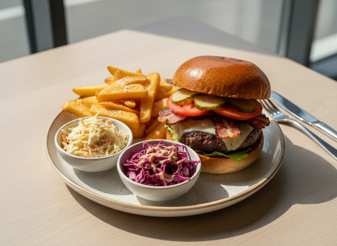 Hamburger mit Pommes Frites und Salat photo