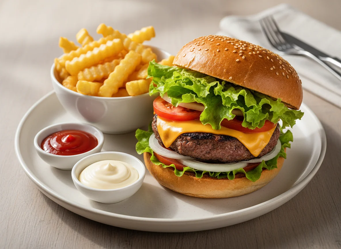 Hamburger mit Pommes Frites und Saucen photo