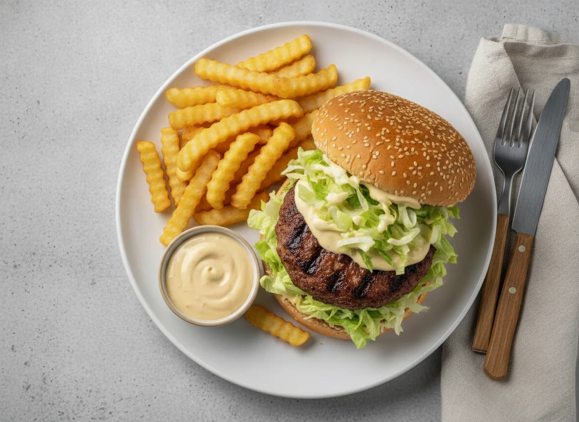 Hamburger mit Pommes und Sauce photo