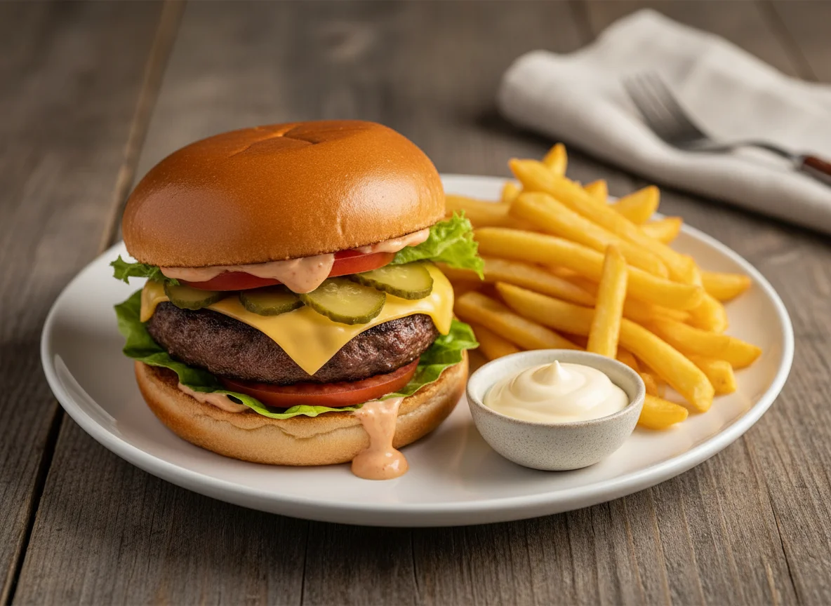 Hamburger-Menü mit Pommes und Mayonnaise photo