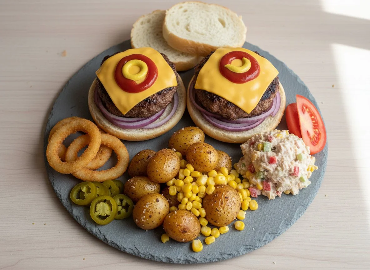 Hamburger-Platte mit Beilagen photo