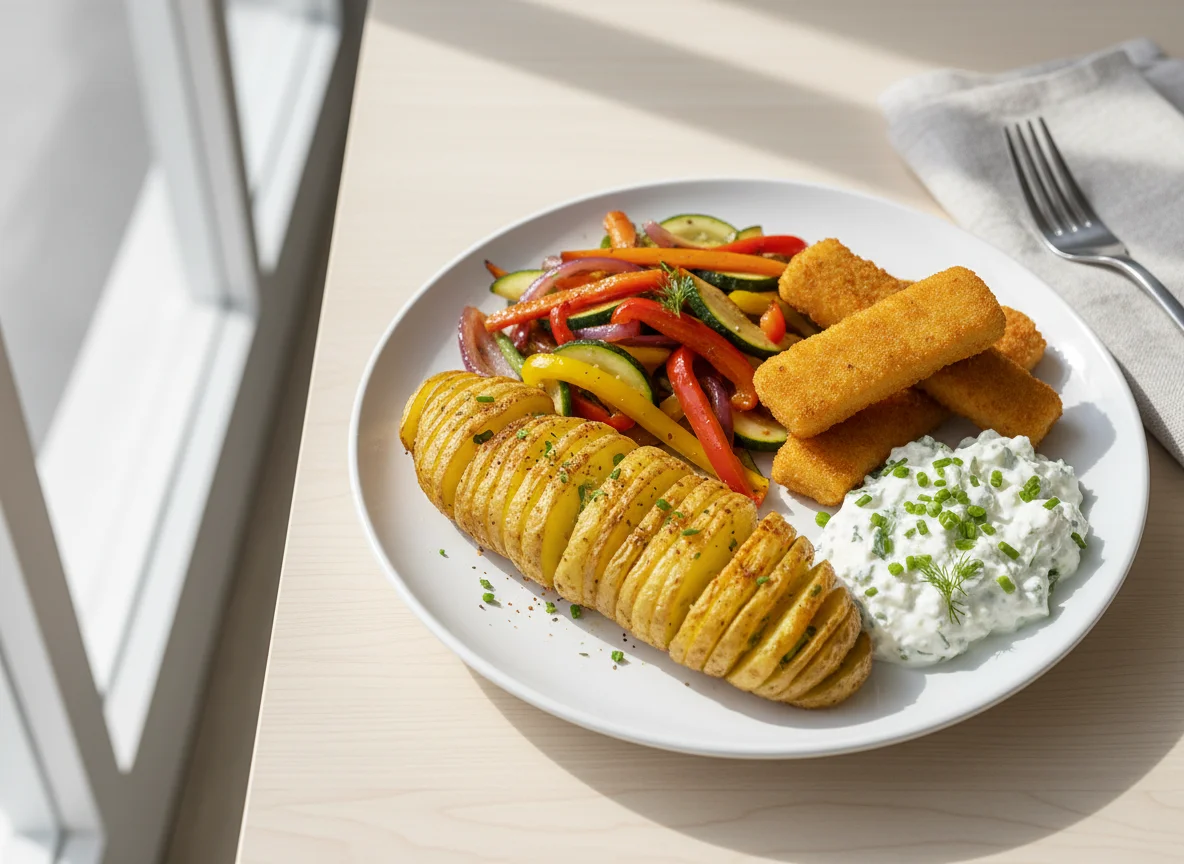 Hasselback-Kartoffeln mit gebratenem Gemüse, Fischstäbchen und Kräuterquark photo