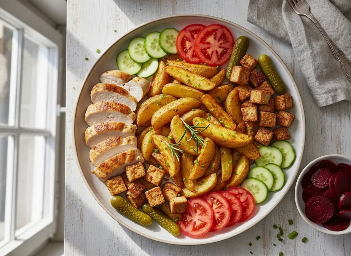 Hausgemachte Kartoffelspalten mit Hähnchen und Gemüse photo