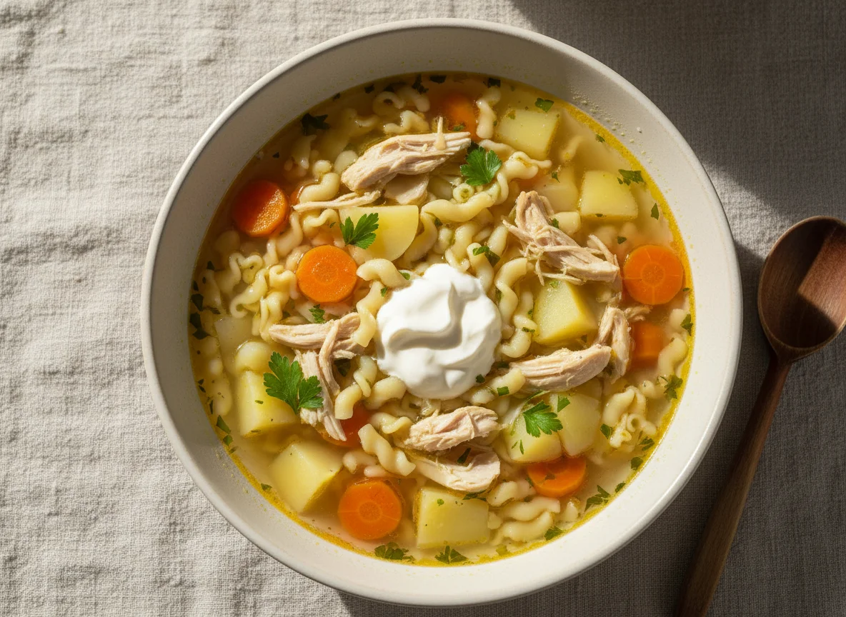 Hausgemachte Nudelsuppe mit Huhn und Gemüse photo