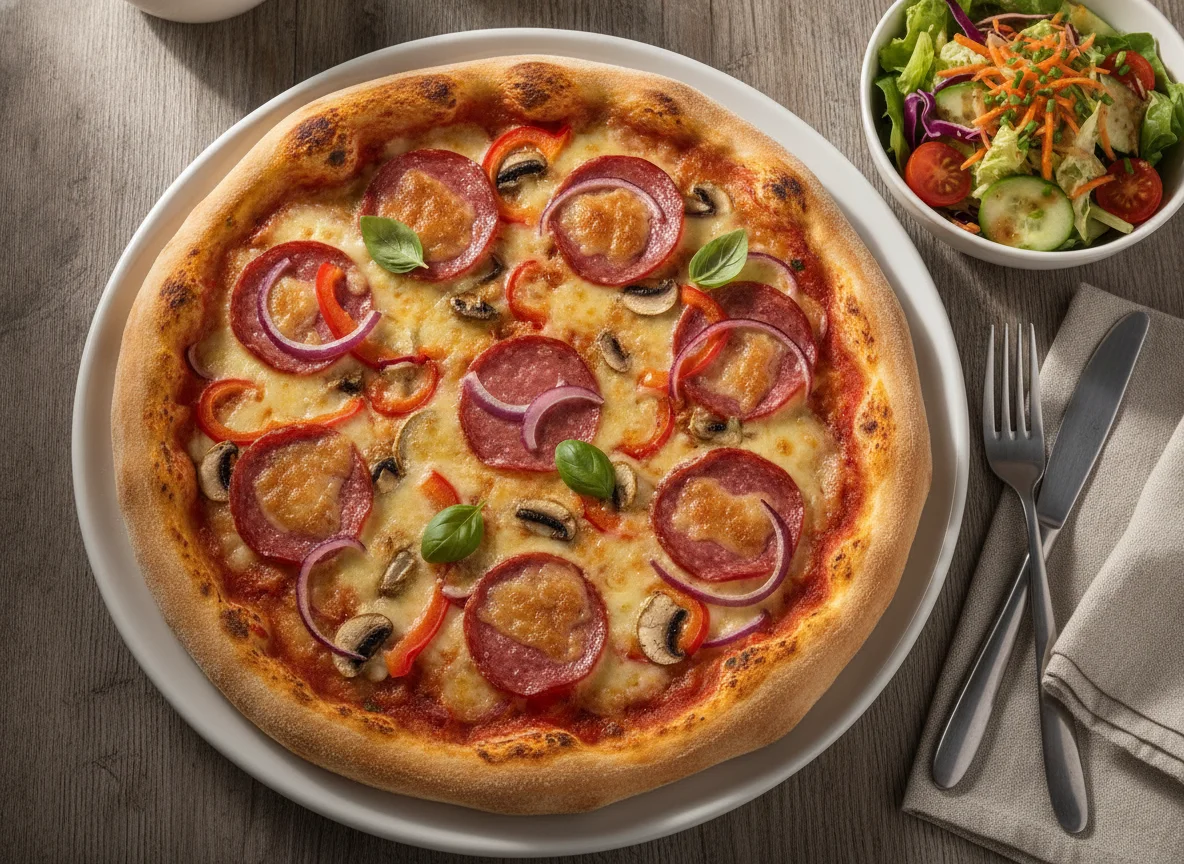 Hausgemachte Pizza mit Beilagensalat photo