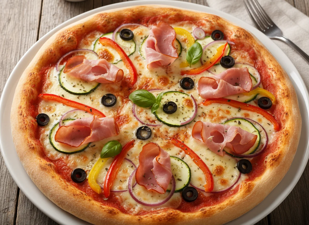 Hausgemachte Pizza mit Gemüse und Schinken photo