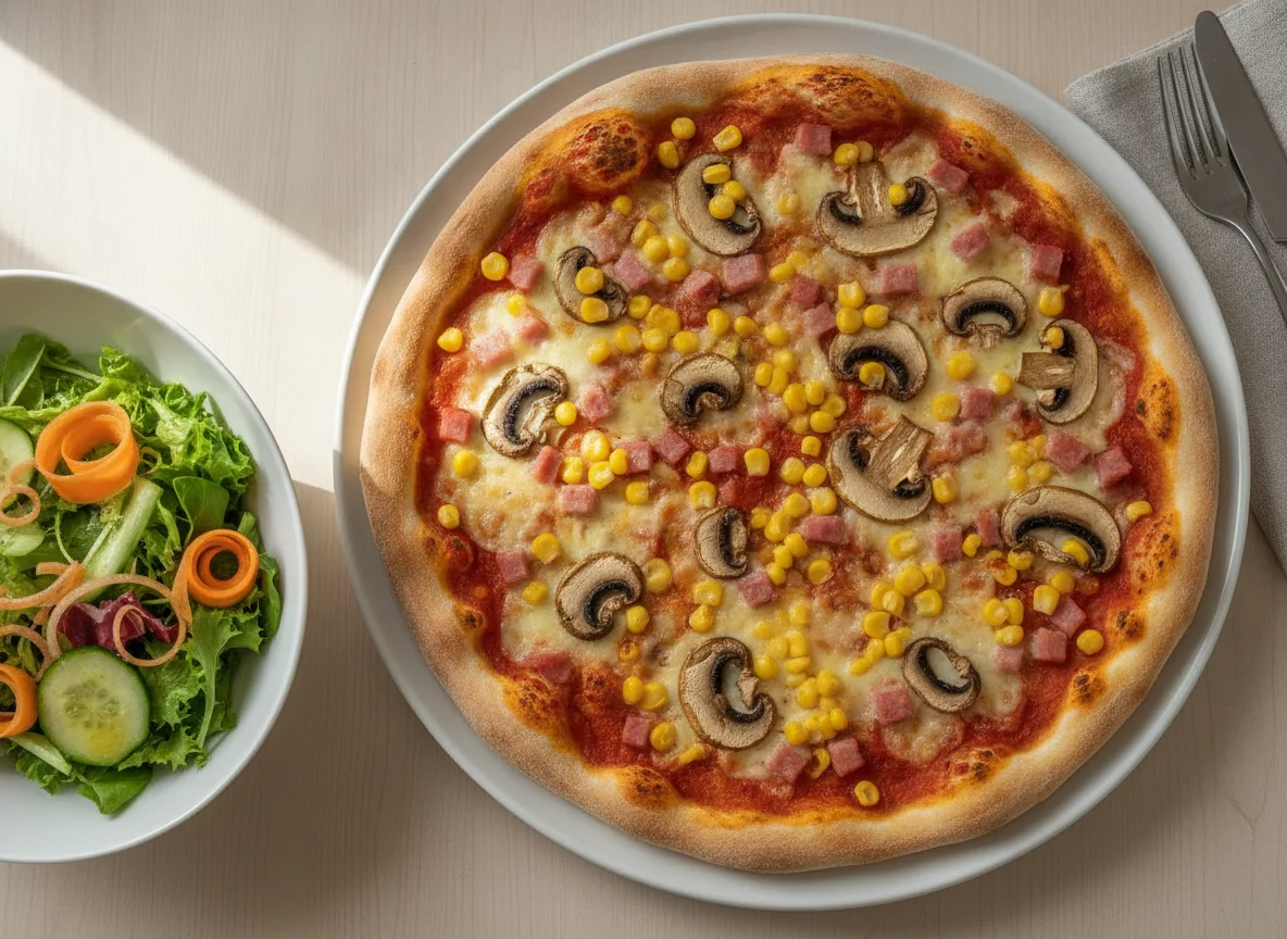 Hausgemachte Pizza mit Mais, Pilzen und Schinken sowie Beilagensalat photo