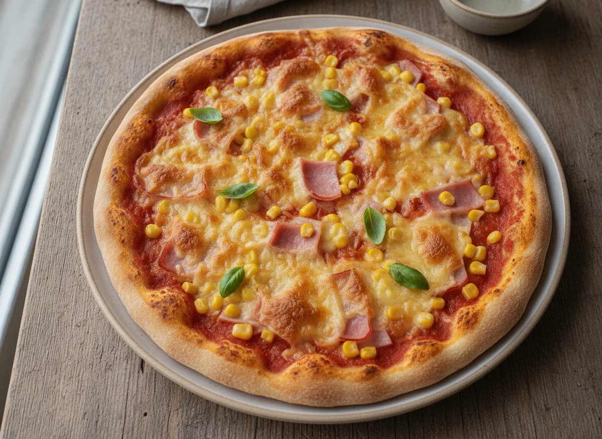 Hausgemachte Pizza mit Mais und Schinken photo