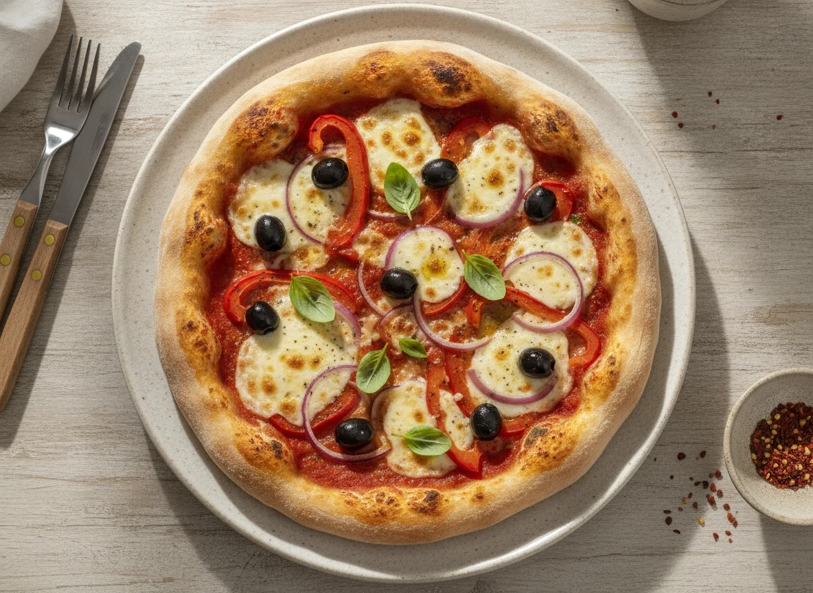 Hausgemachte Pizza mit Oliven und Paprika photo