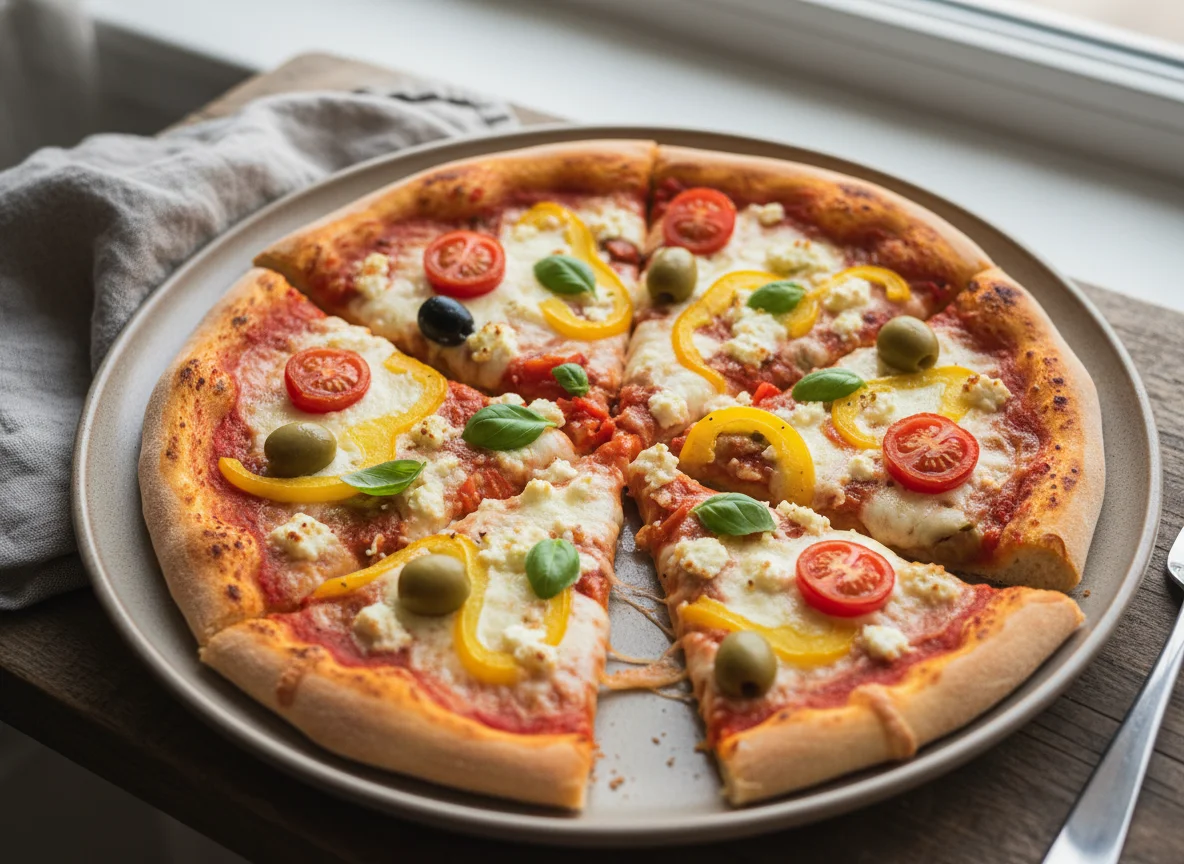 Hausgemachte Pizza mit Paprika, Oliven und Feta photo