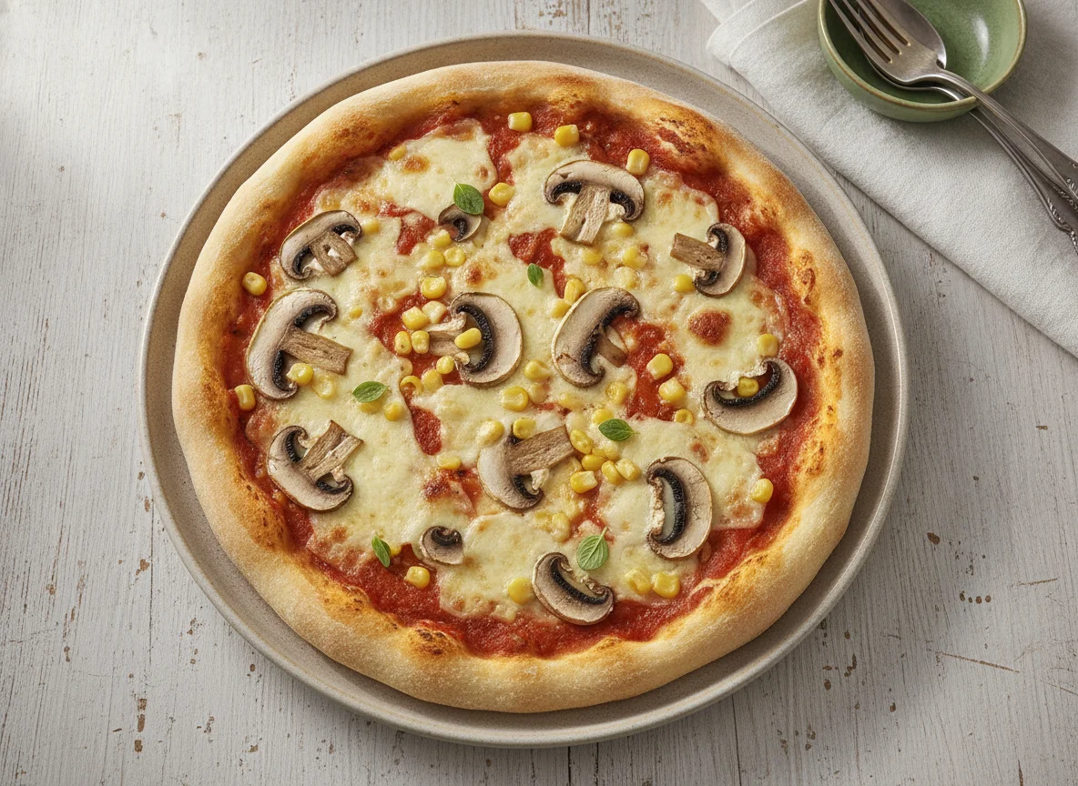 Hausgemachte Pizza mit Pilzen und Mais photo