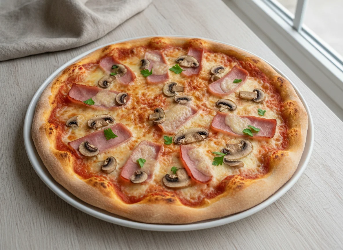 Hausgemachte Pizza mit Pilzen und Schinken photo