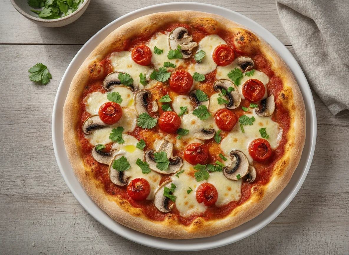 Hausgemachte Pizza mit Pilzen und Tomaten photo