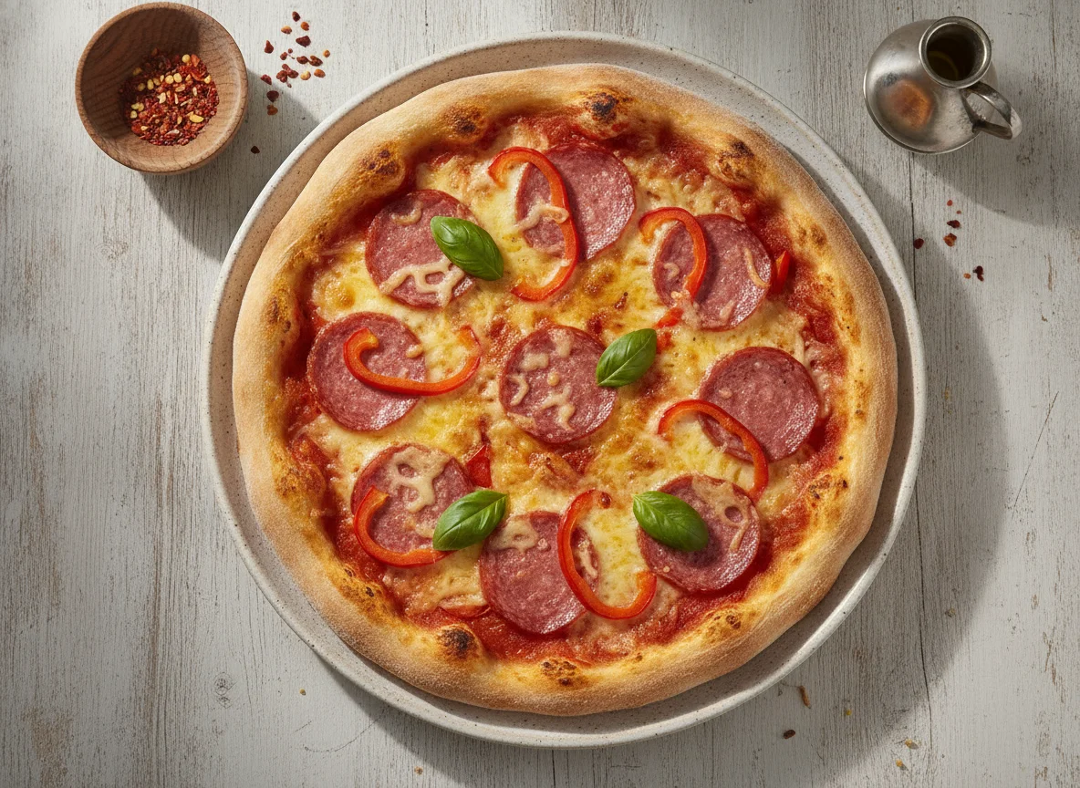 Hausgemachte Pizza mit Salami und Paprika photo