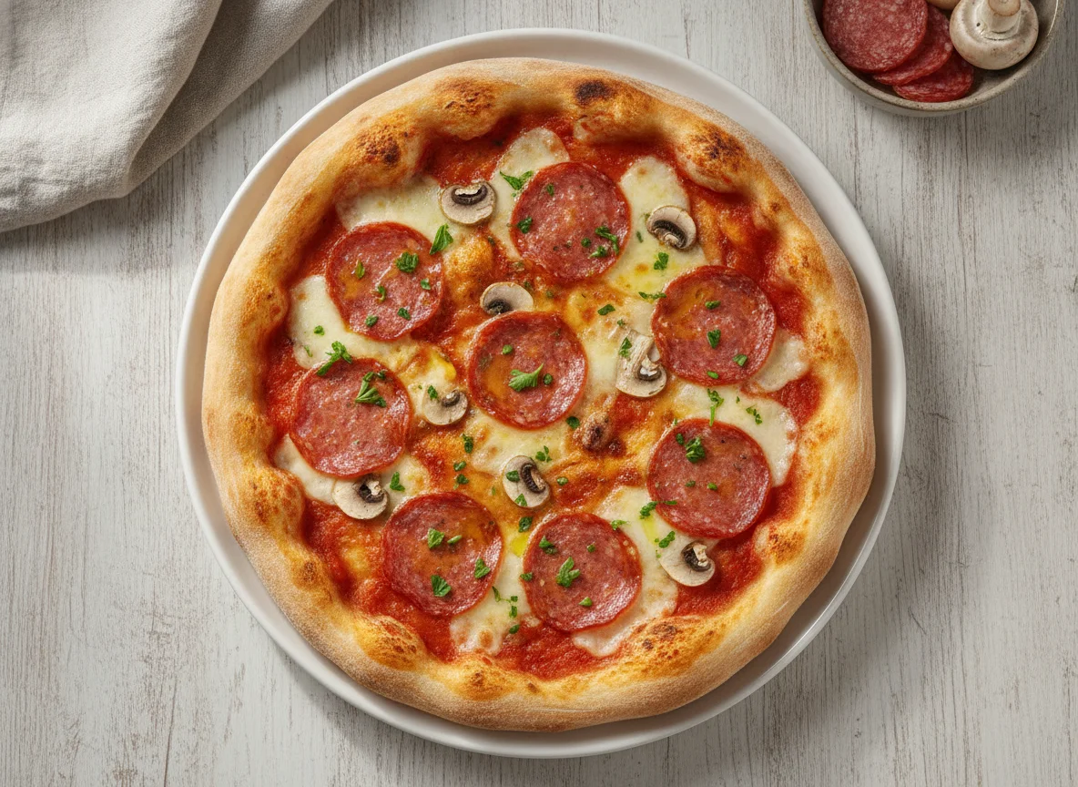Hausgemachte Pizza mit Salami und Pilzen photo