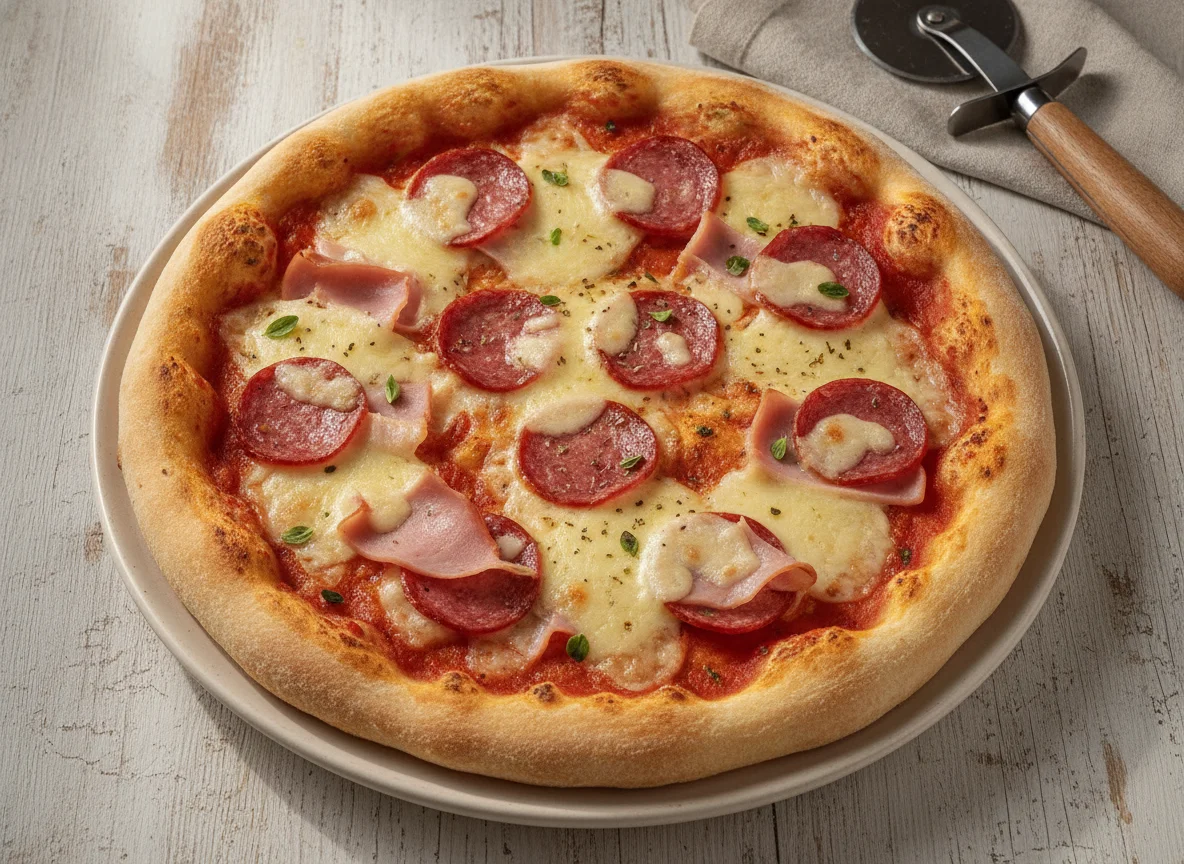Hausgemachte Pizza mit Salami und Schinken photo