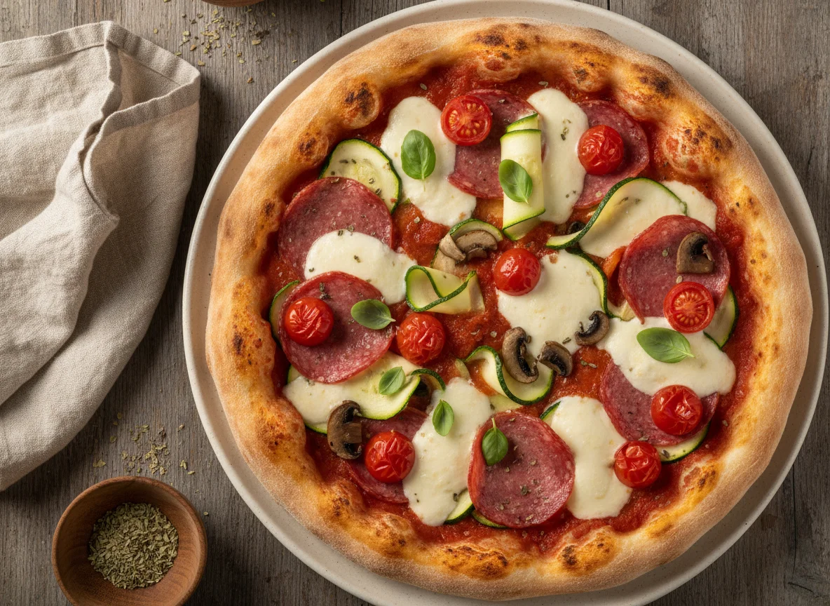 Hausgemachte Pizza mit Salami, Zucchini und Kirschtomaten photo