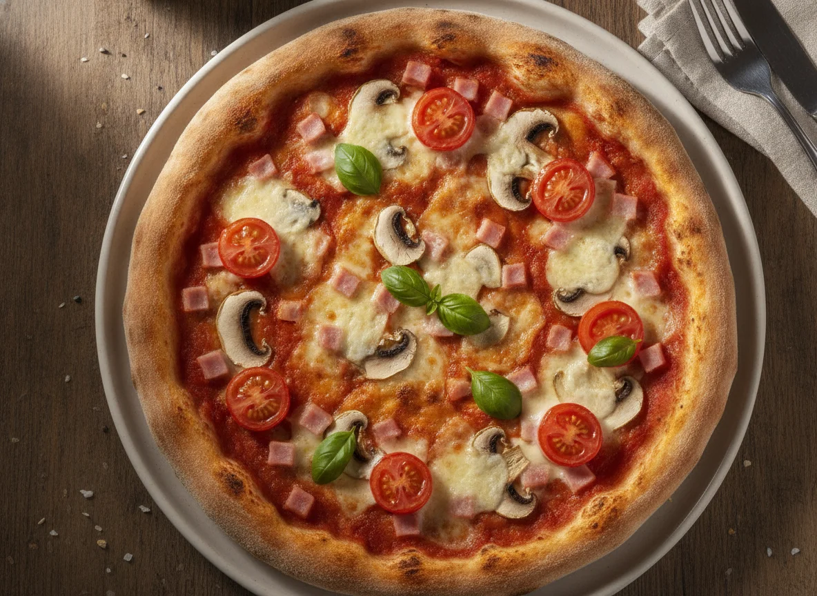 Hausgemachte Pizza mit Schinken, Pilzen und Cherrytomaten photo