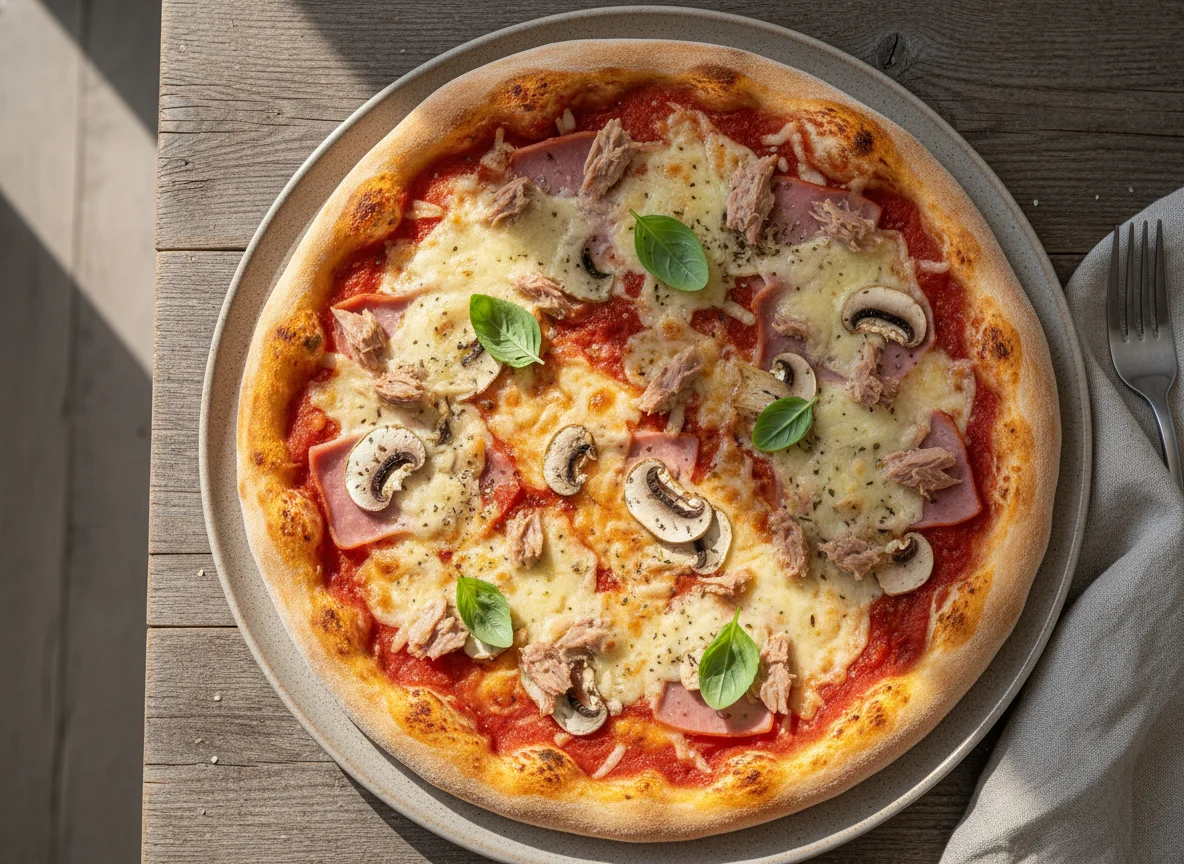 Hausgemachte Pizza mit Schinken, Pilzen und Thunfisch photo