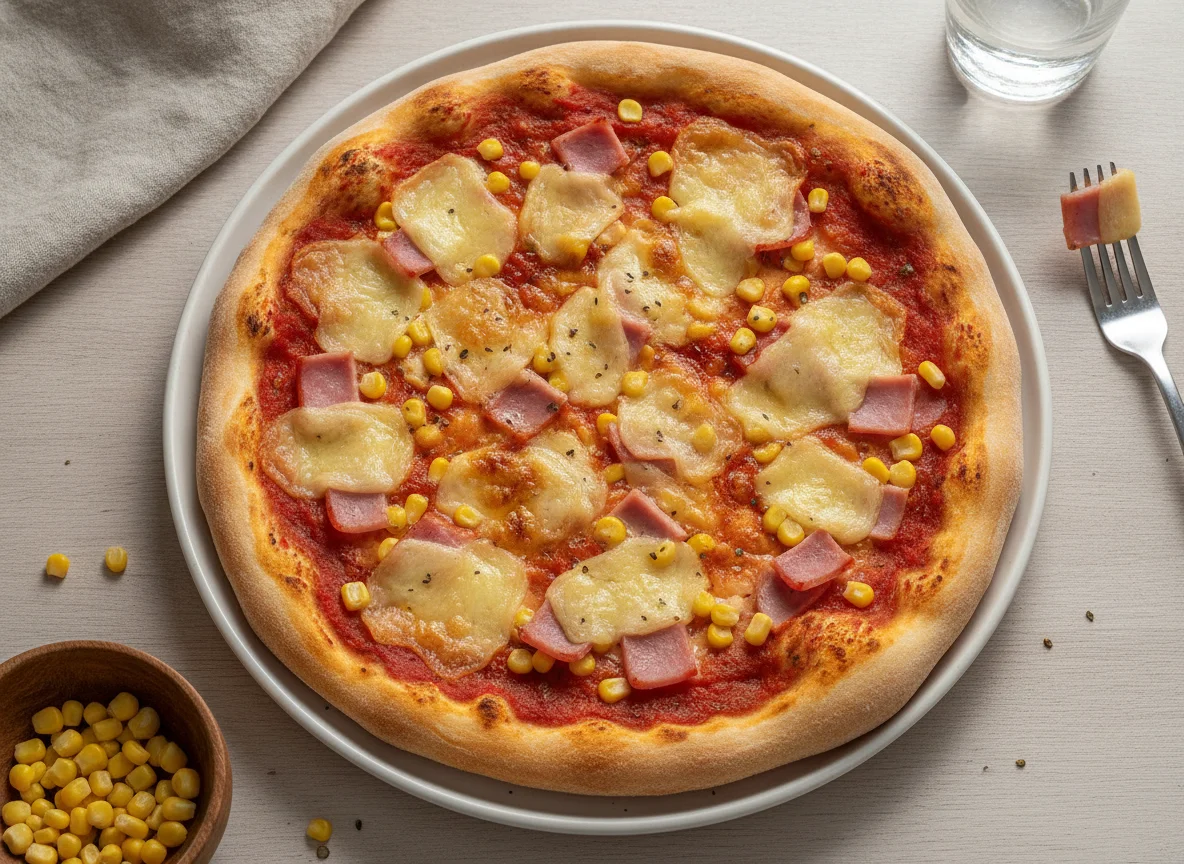 Hausgemachte Pizza mit Schinken und Mais photo