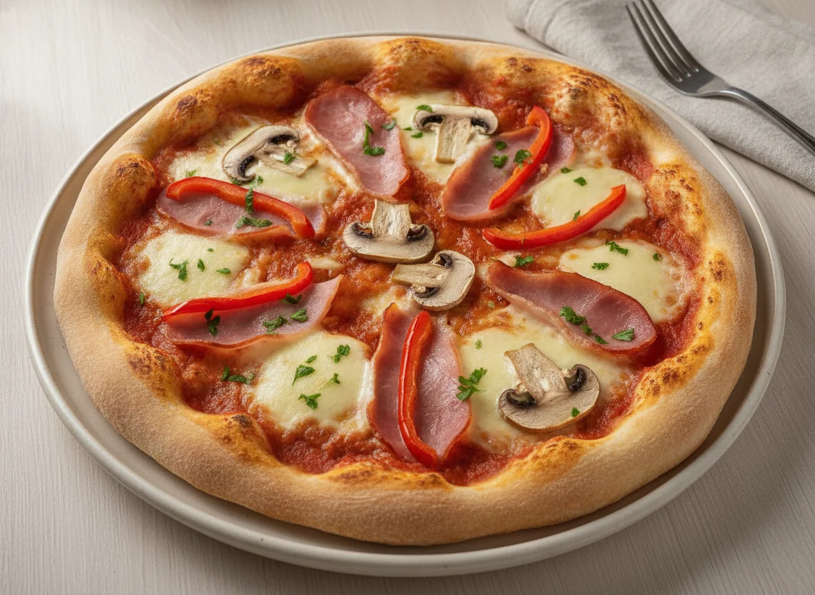 Hausgemachte Pizza mit Schinken und Pilzen photo