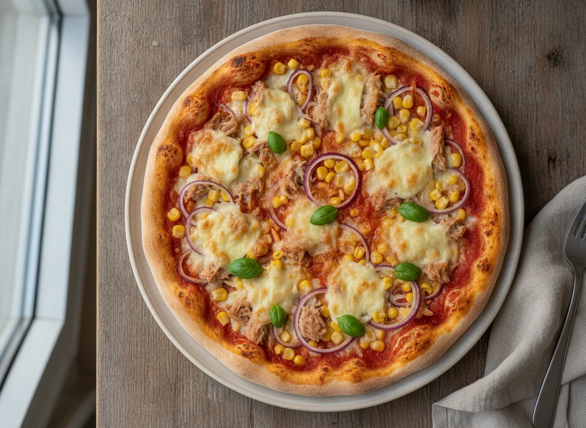 Hausgemachte Pizza mit Thunfisch und Mais photo