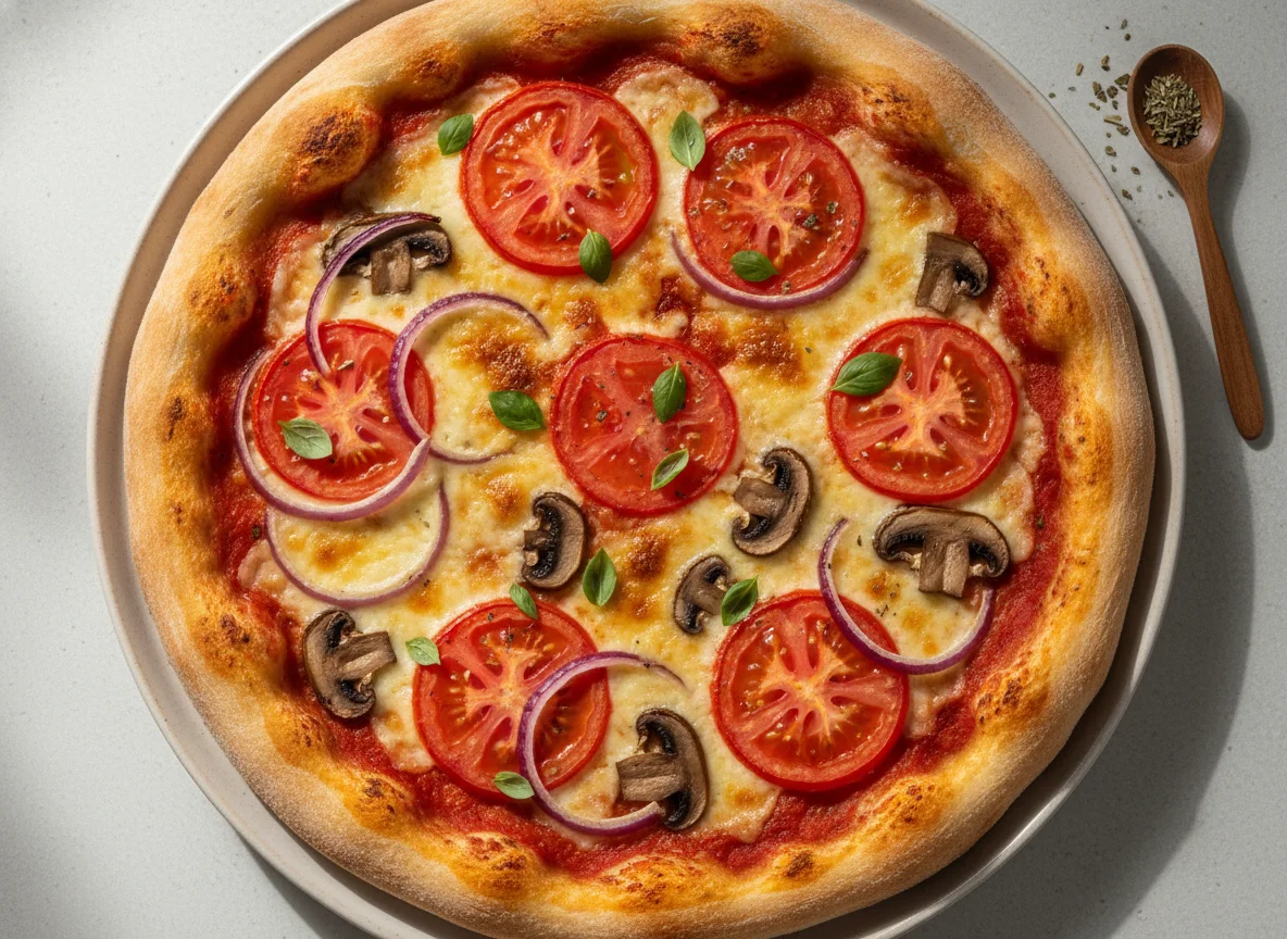Hausgemachte Pizza mit Tomaten, Zwiebeln und Pilzen photo
