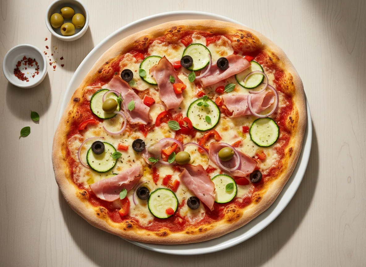 Hausgemachte Pizza mit Zucchini, Schinken und Oliven photo