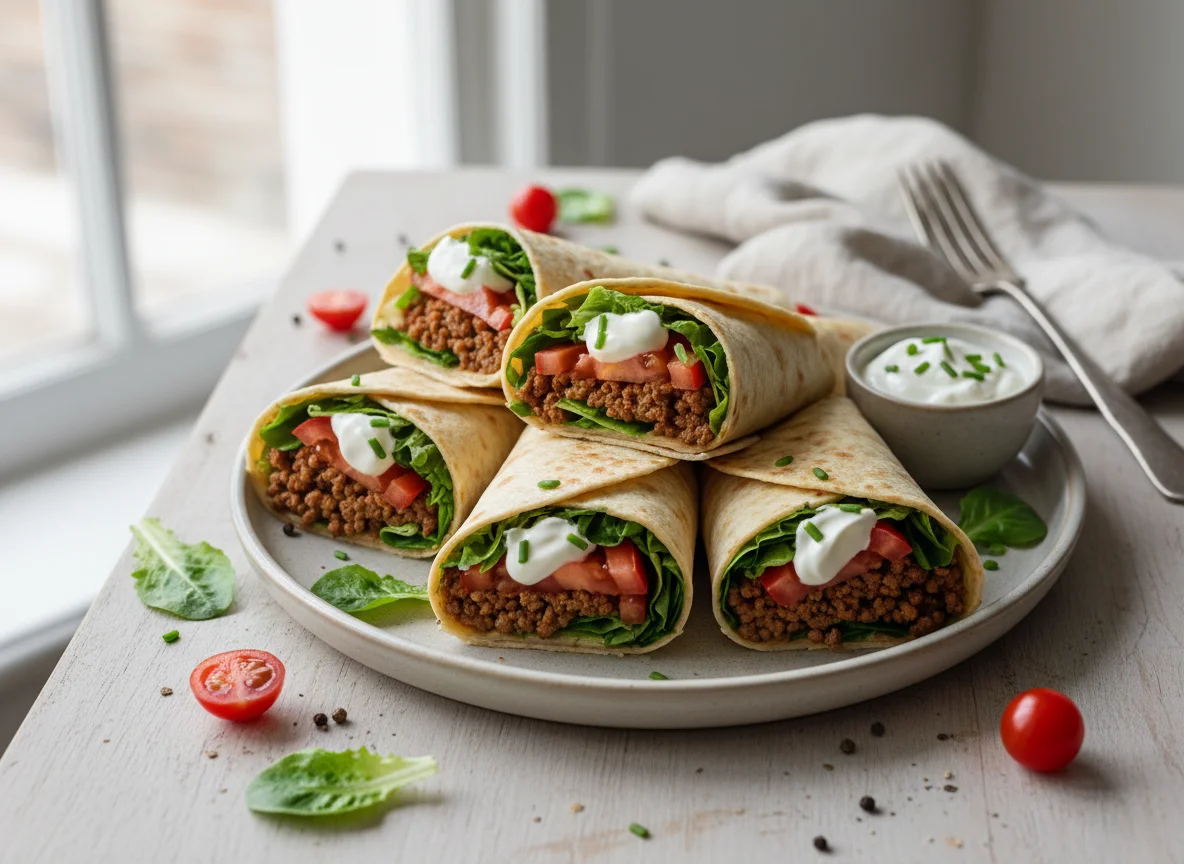 Hausgemachte Wraps mit Hackfleisch und Salat photo